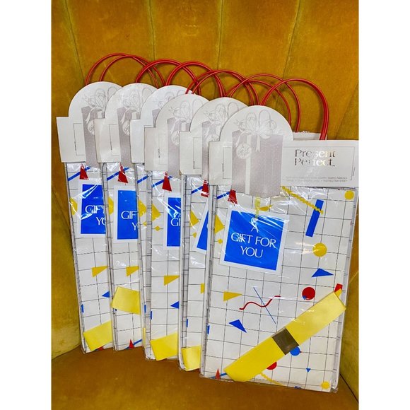 VINTAGE 90s GIFT BAG SET - Lot of 6 - Bag, Inserts, Lid, Tissue, Ribbon, Card - Picture 1 of 7